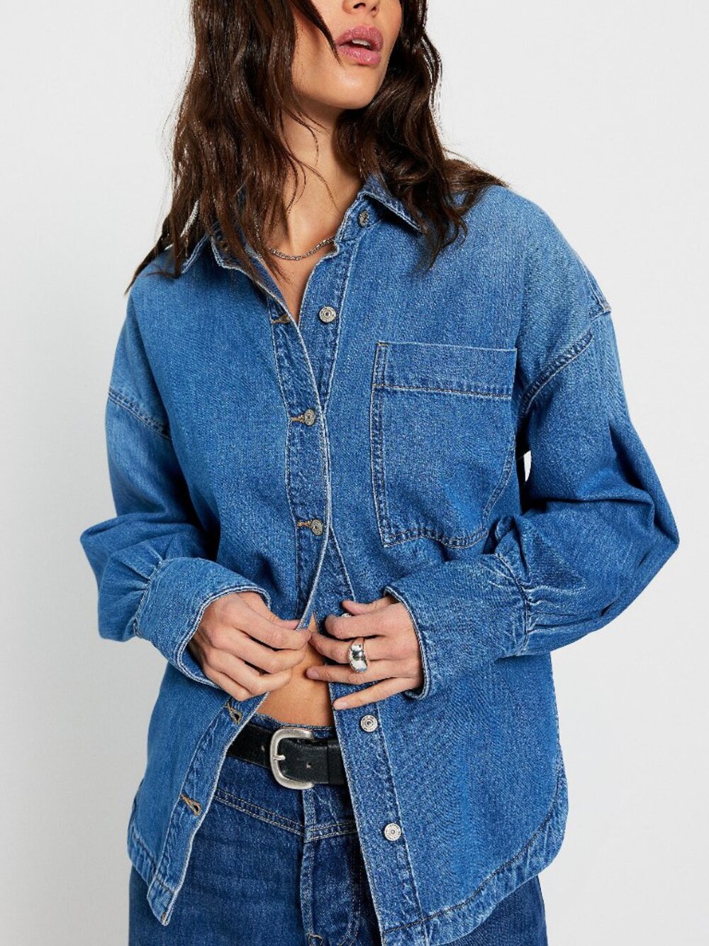 Free People Blue Denim Button-Down Shirt